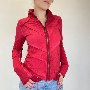 XS - Y2K Yest Red Ruched Ruffled Zip Up Jacket